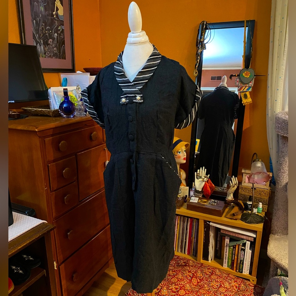 Vintage 1950’s Plus Size wool dress. Piping, pockets and paste pearls, oh my!